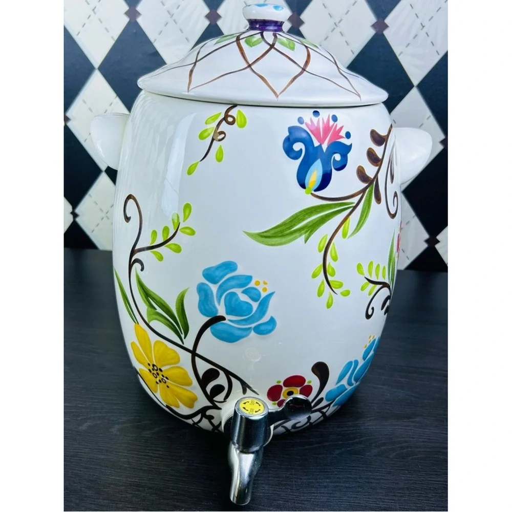 Oversized Floral Drink Dispenser 2 Gallon Ceramic Jardine‎ Drink Server & Lid